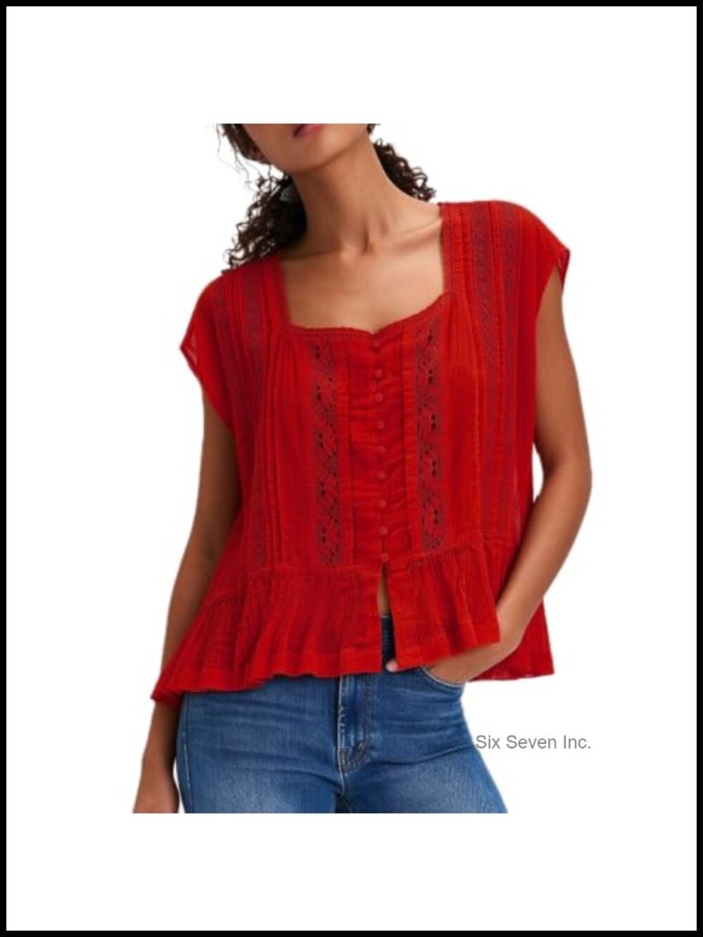 Y2K Semi Sheer Lace Trim Button Down Short Sleeve Blouse Round Neck Casual Top